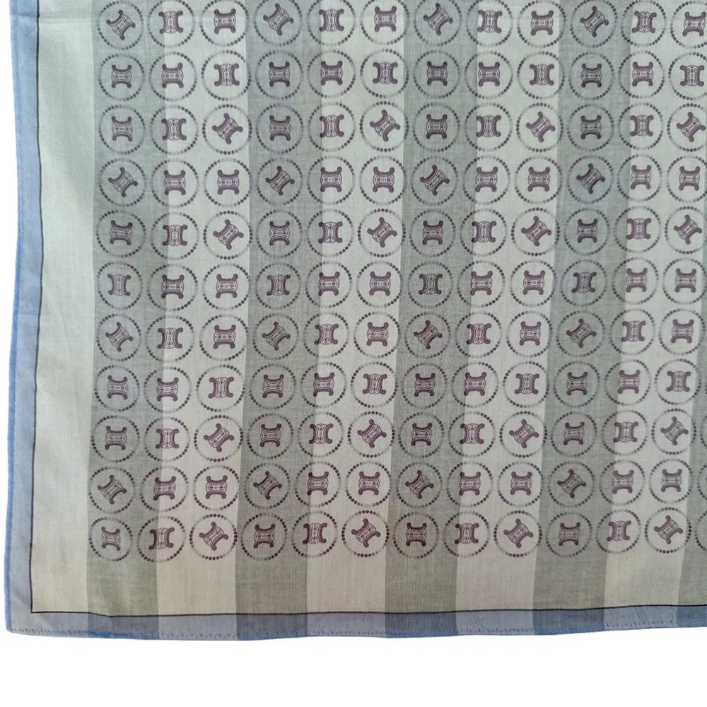 Celine Silk Scarf Cream Light Blue Logo Medallion